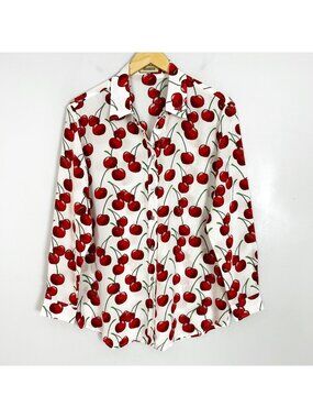 Muma World White Cherry Long Sleeve Shirt Blouse 100% Silk Size Small Women's
